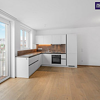 Wohn-, Essbereich, Küche, Zugang zum Balkon