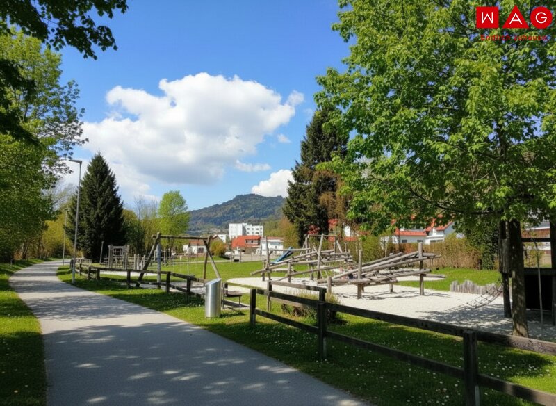 Spielplatz u. Radweg am Murufer Leoben Prolebersiedlung WAG Sommer