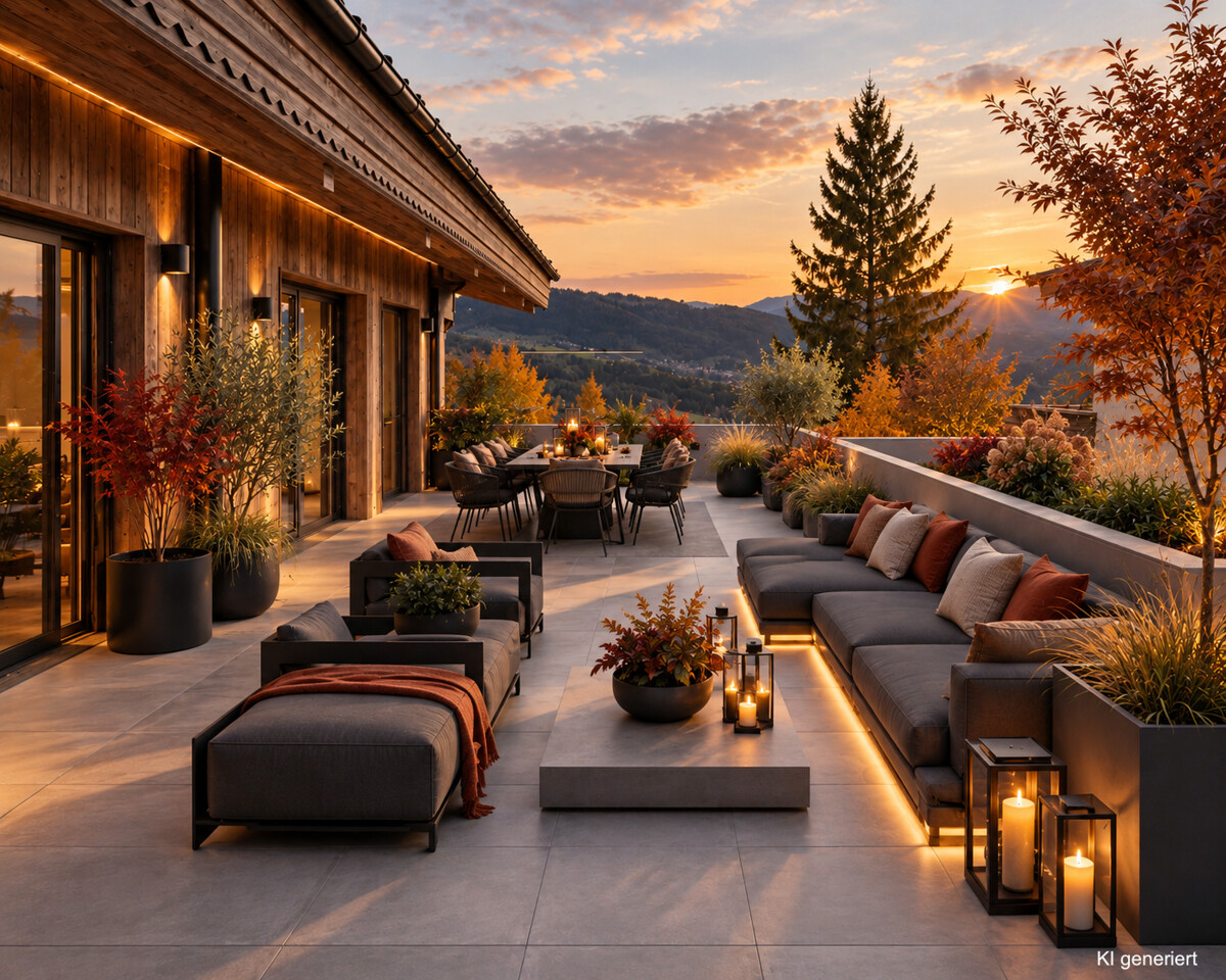 Luxuriöse Herbstterrasse mit Bergblick